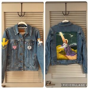 Vintage Levi’s Denim Jacket Folk Art Patches Christian Theme Sz L M also